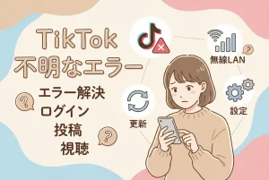 スマホ片手に困った表情の女性・TIKTOKロゴに✖マーク、無線LAN、更新マーク
