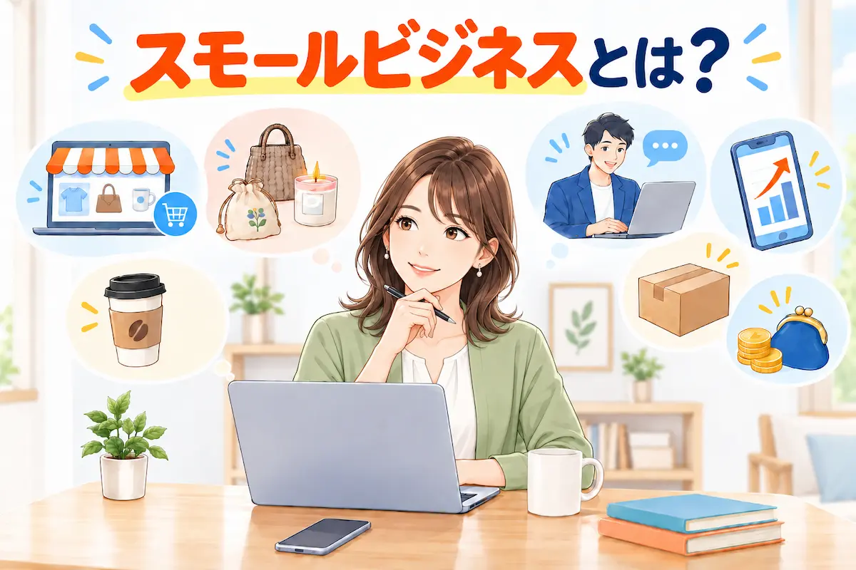 スモールビジネスとは？の文字、PCの前で作業中の女性、ネットショップ、スマホ画面、梱包荷物、少額資金のイメージイラスト