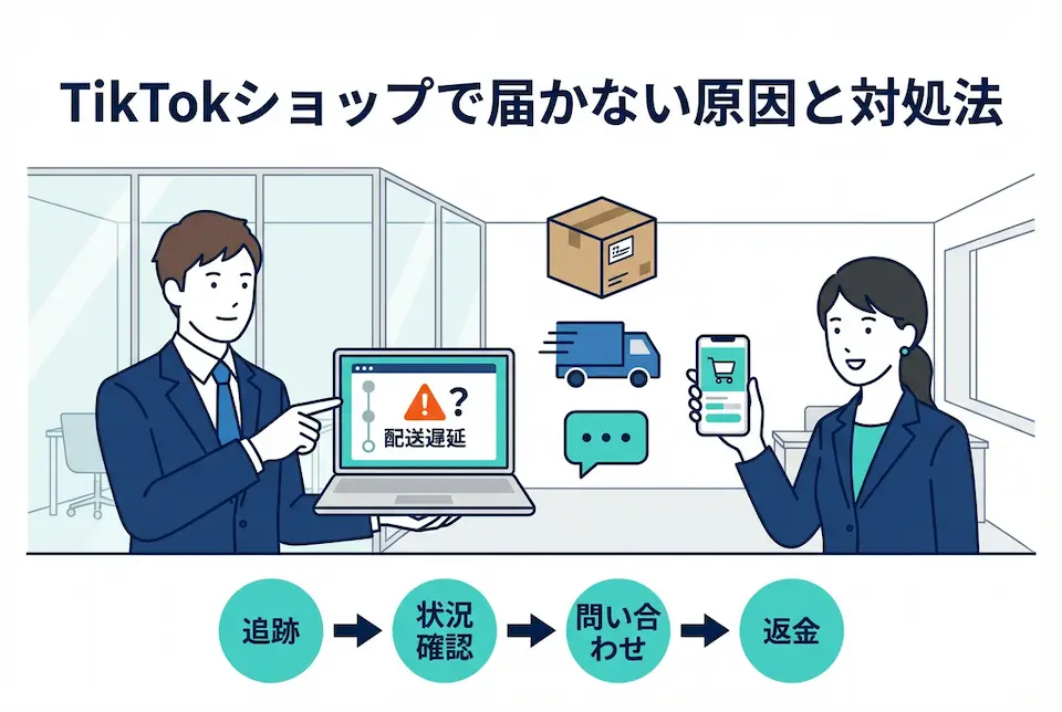 PC画面で配送遅延の文字を指さすビジネスマンと、スマホで応答しているビジネスウーマン、荷物、トラックのアイコン