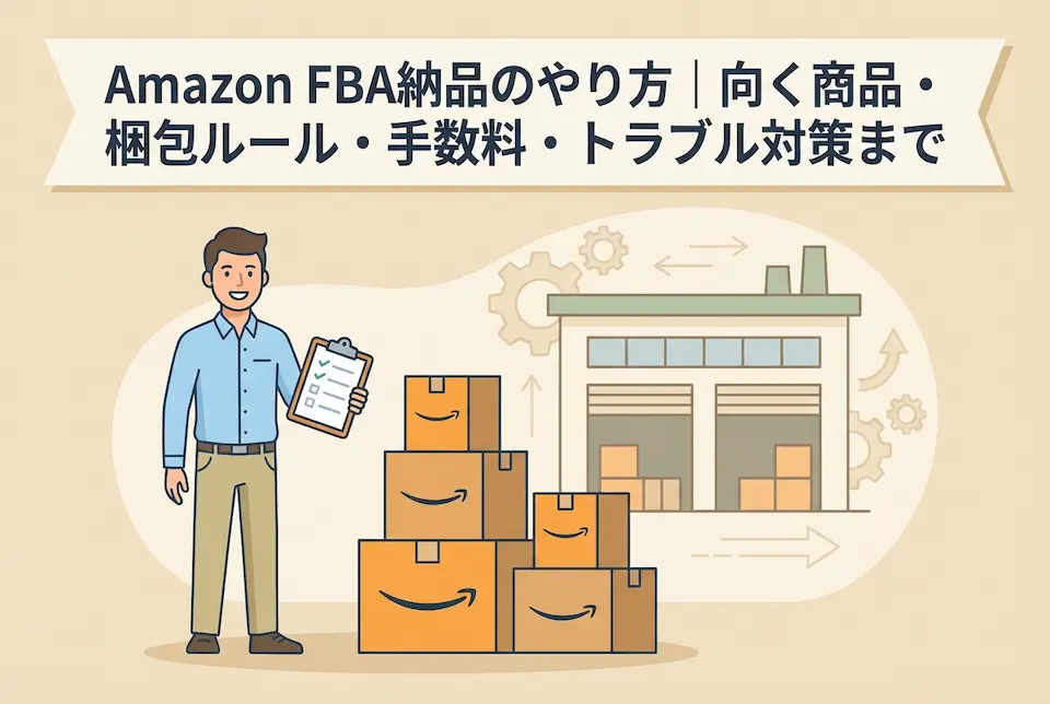 倉庫の前に積まれた梱包とチェックリストを持った男性