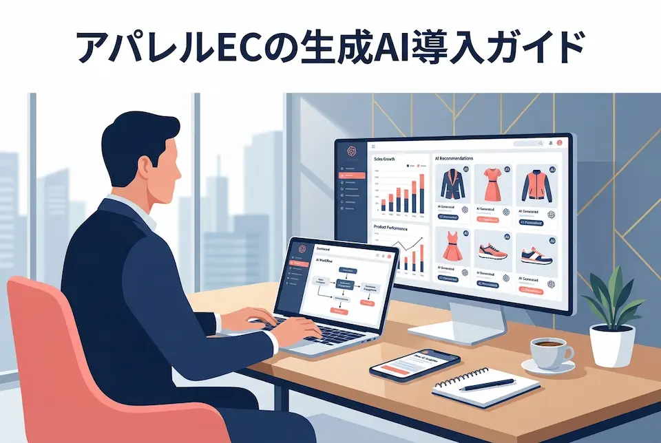 PC画面・ディスプレイに向かい、AIでアパレルECに取り組むビジネスパーソンのイメージイラスト
