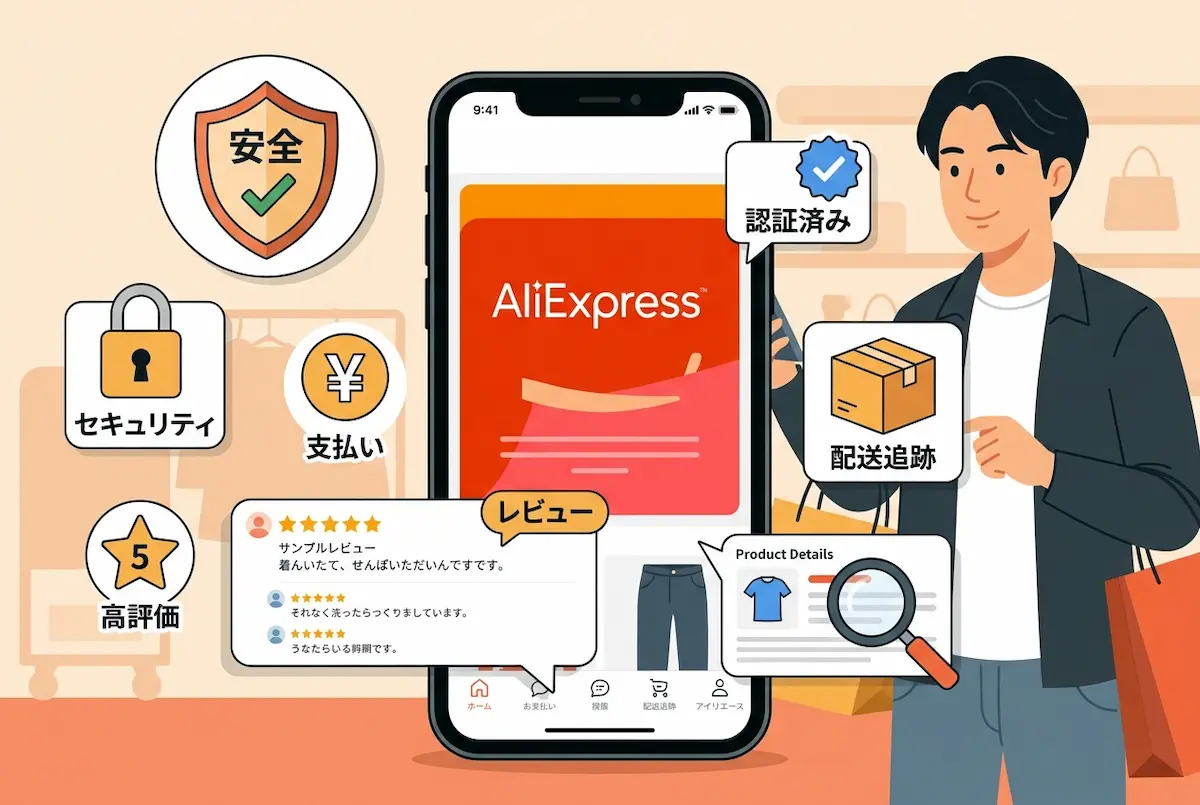 スマホにAliExpressのロゴに、そのまわりに安全、セキュリティ、支払い、高評価などのイラストと男性