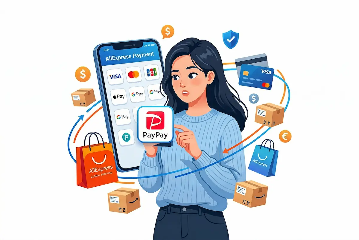 スマホ画面に決済方法のアイコン、女性がPAYPAYを指さし、荷物の配送イメージ