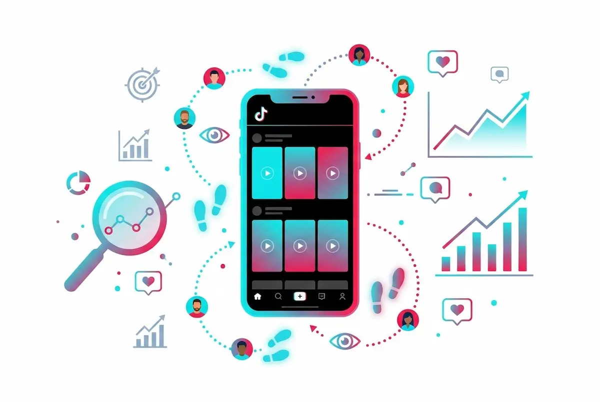 スマホ画面、TIKTOKのロゴ、虫眼鏡、人のアイコンと足跡、売上を示す棒グラフ