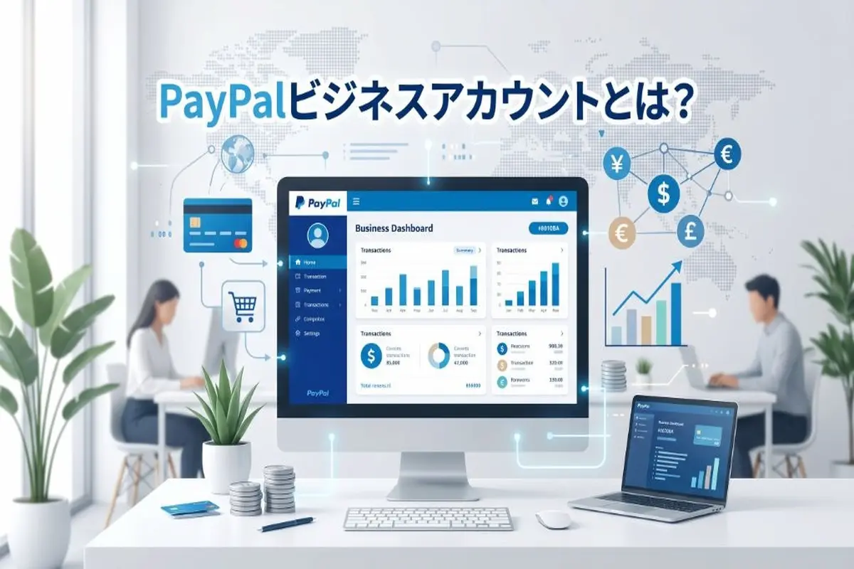 デスクトプPCの画面にPAYPALの文字とグラフ、左右にオフィスで働く男女