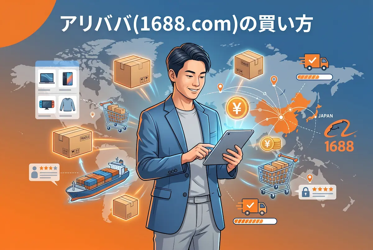 タブレット片手に作業するビジネスパーソン、世界地図、1688ロゴ、カートン、貨物船、トラック、