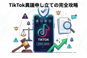 スマホ画面にTIKTOKのロゴ、チェックリスト、虫眼鏡、注意マーク