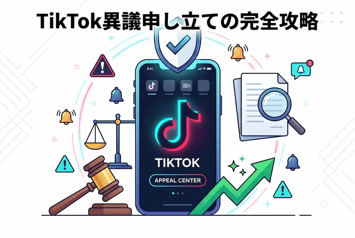 スマホ画面にTIKTOKのロゴ、チェックリスト、虫眼鏡、注意マーク