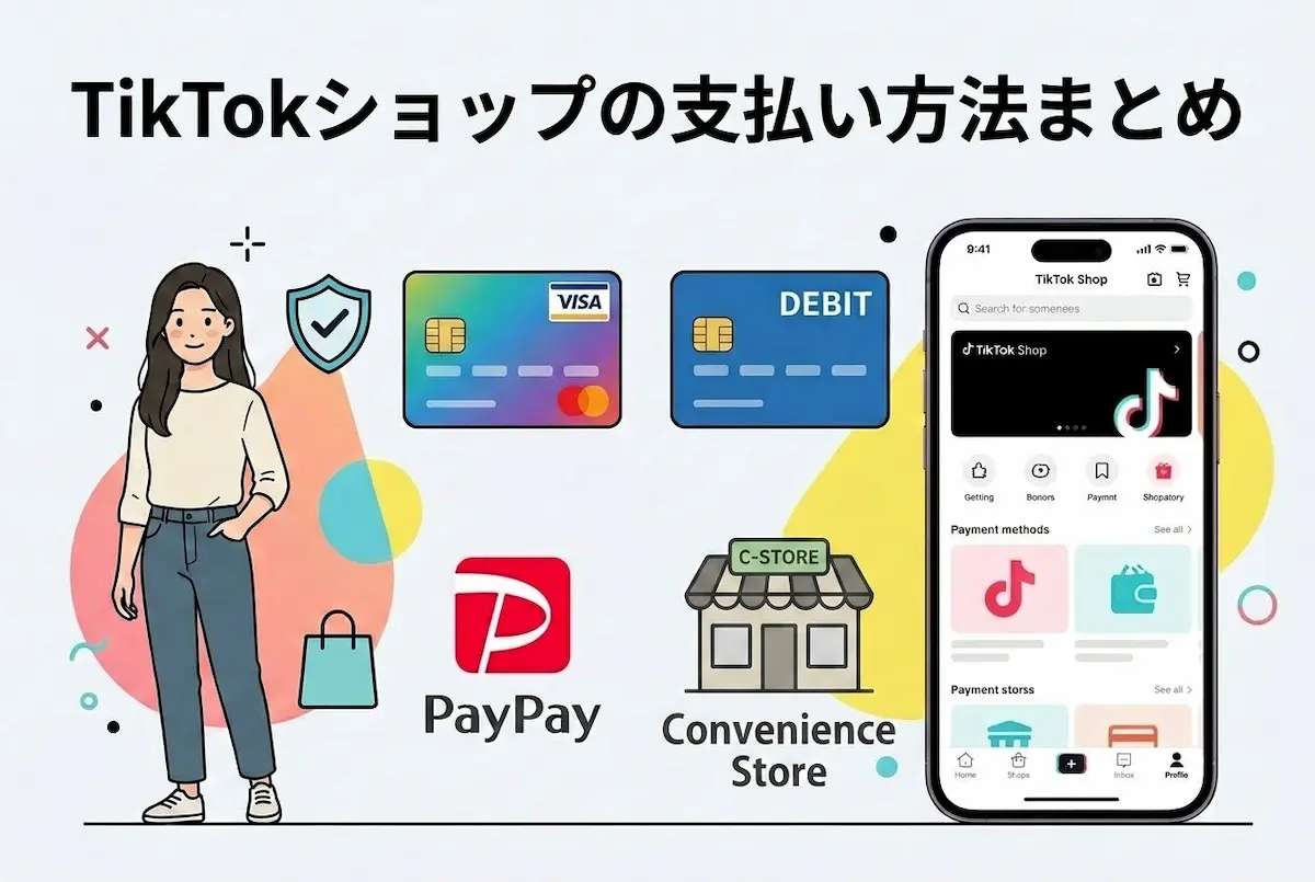 スマホにTIKTOKのロゴと商品画面、クレカ、デビットカード、PAYPAY、コンビニのアイコン、女性