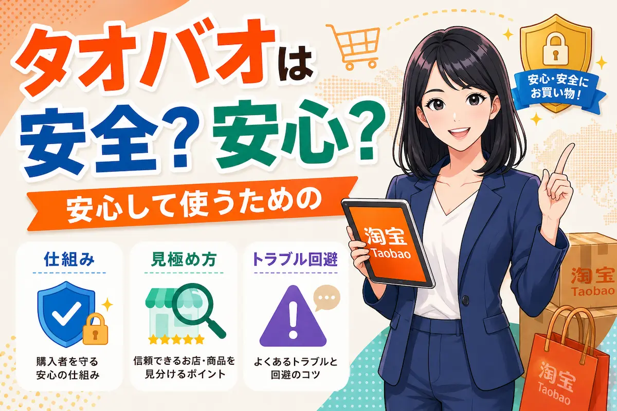 タオバオの文字、タブレットをもつ女性、仕組み、見極め方、トラブル回避のイメージアイコン、荷物とショッパー