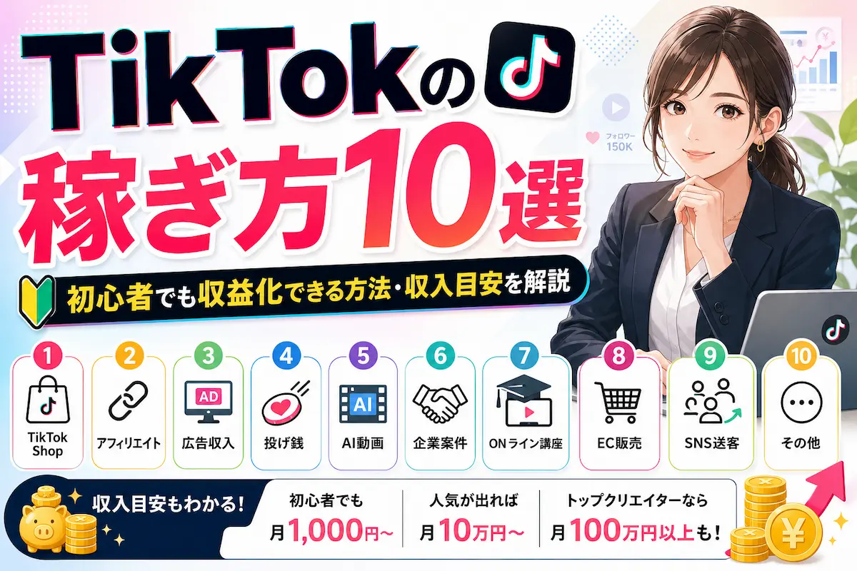 TIKTOKの稼ぎ方10選のタイトル、ビジネスパーソン、10選を象徴するアイコン