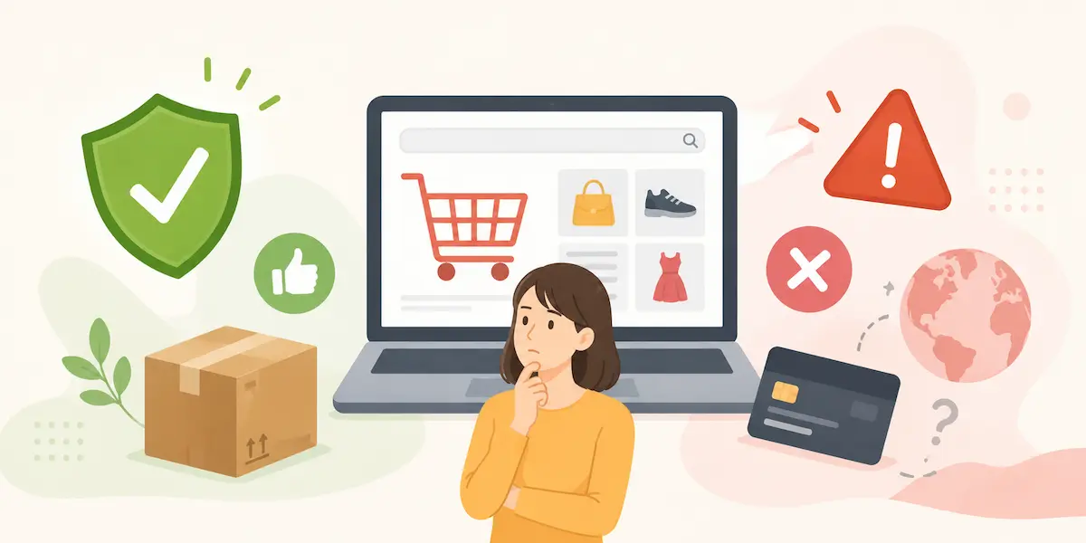 PC購入画面の前で考える女性、荷物、クレジットカード、注意マーク