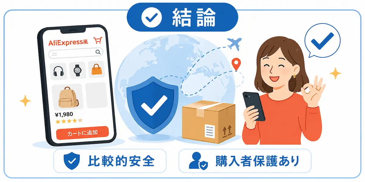 結論の文字と、aliexpressの商品画面、梱包荷物、スマホ片手にokサインを出す女性