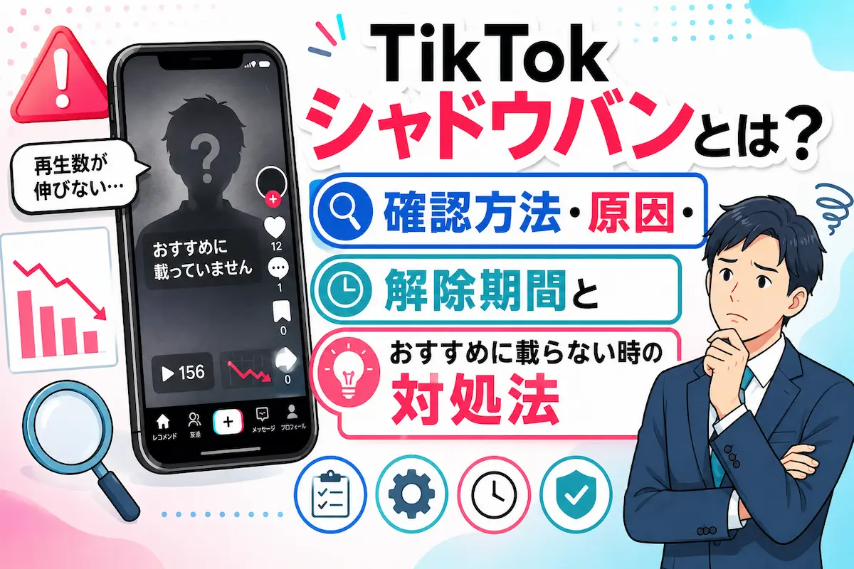 スマホ画面に人のシャドウ、困っている様子の男性、TIKTOKシャドウバンとは？の文字