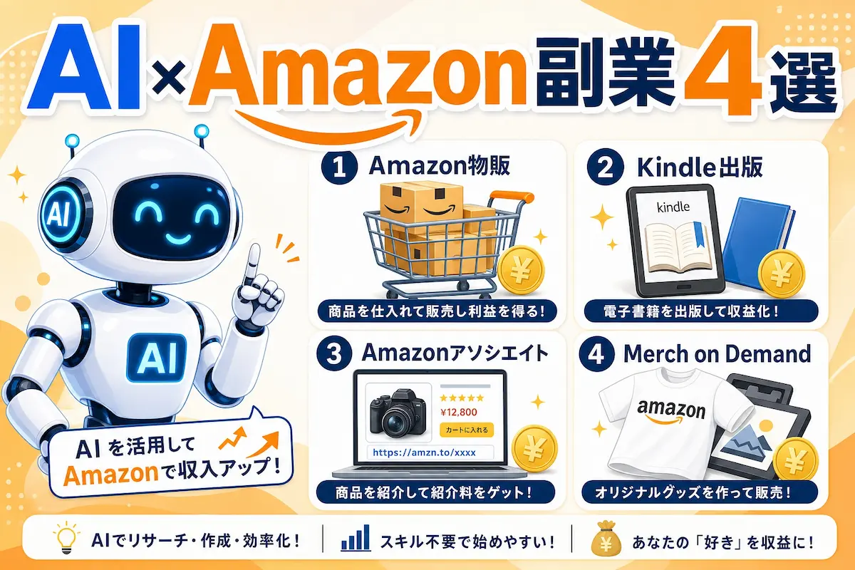 AIロボットと、AMAZON物販、KINDLE出版、Amazonアソシエイト、MODのイメージイラスト