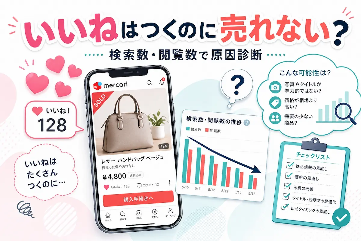 スマホにメルカリの販売ページ、売上棒グラフ、チェックリスト、いいねマーク