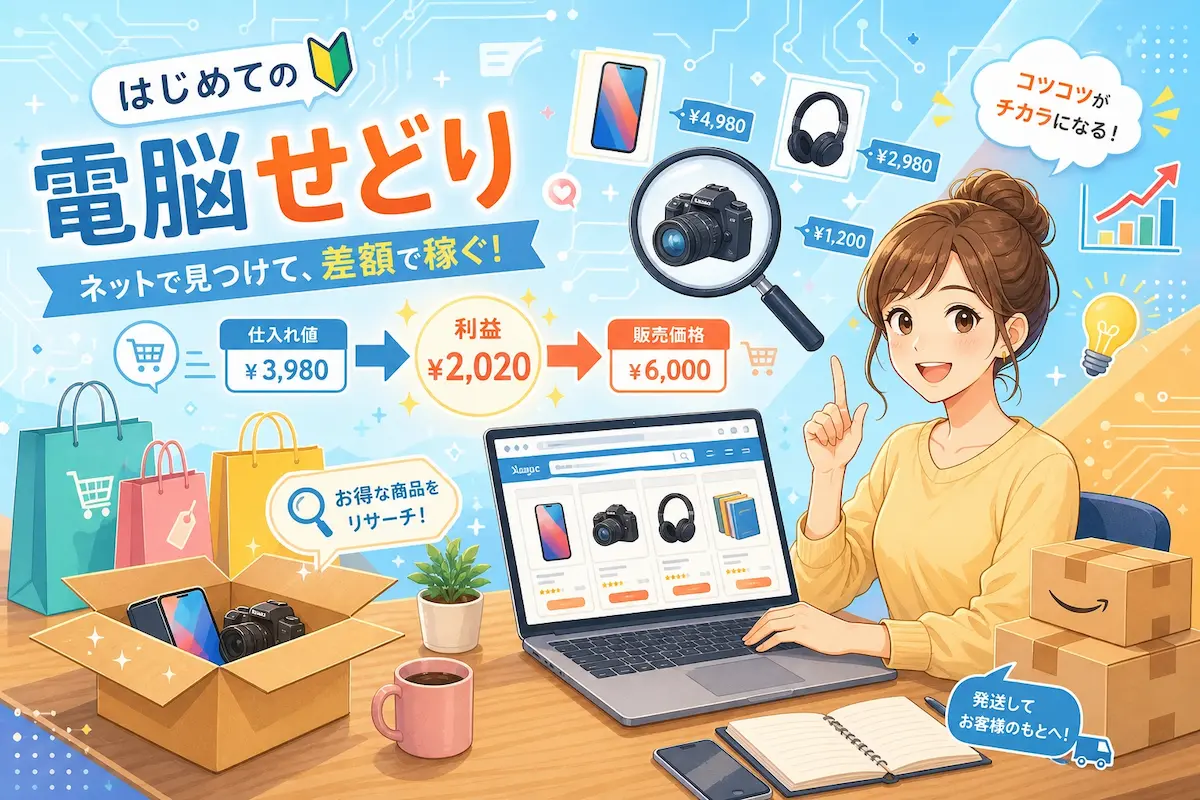 PC画面に商品ぺージ、机上に梱包された商品とショッピングバック、女性が人差し指を立ててほほ笑んでいる