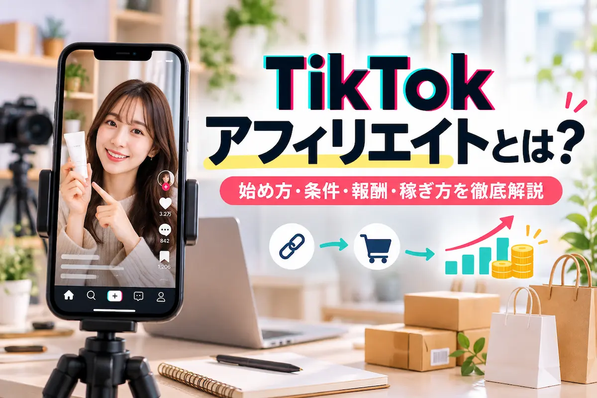 スマホ画面の中で商品を紹介する女性の画像と、机上に置かれたノートPC、梱包商品、ショッピングバック。その上に購入から売上拡大に向けたイメージイラスト。