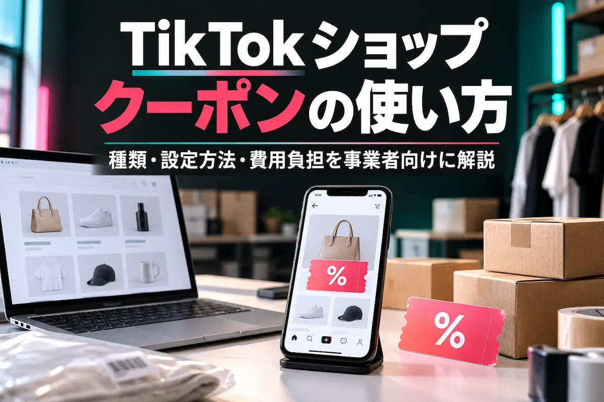 机上にノートPCとスマホ、画面には商品と割引％のイメージ。近くに梱包された商材。