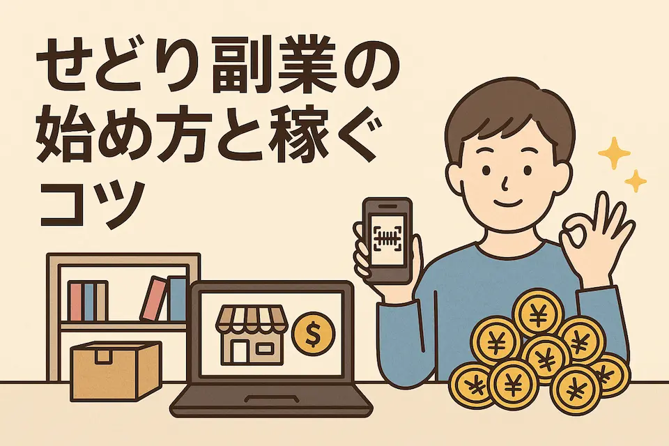 PCの横でスマホ片手に指でOKしている男性。手前に円のコイン多数。