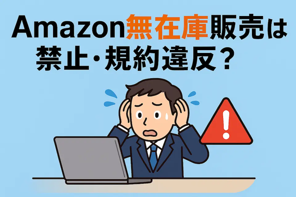 PCの前で頭を抱えるビジネスマンと、「Amazon無在庫販売は禁止・規約違反?」の文字