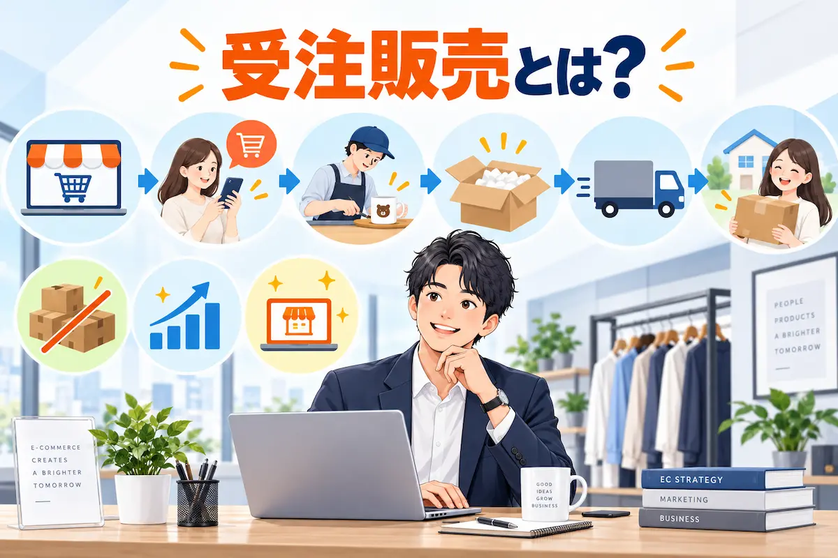 仕事場でＰＣの前に座る男性・受注販売の流れのイメージイラスト