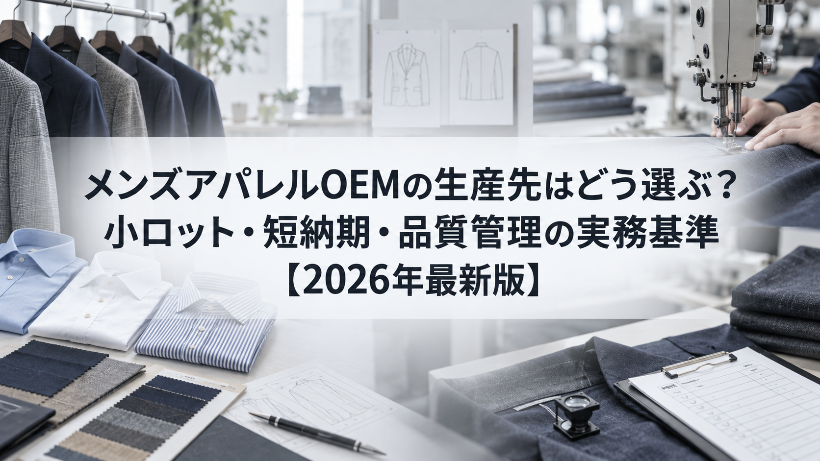 2026年最新版のメンズアパレルOEMを紹介するバナー。小ロット・短納期・品質管理をテーマに、衣料品、生地見本、縫製現場の写真を掲載