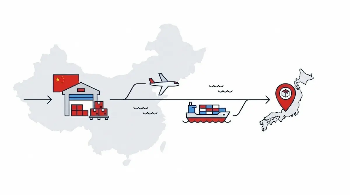 中国地図の倉庫から日本地図への配送イメージ、貨物船、貨物機
