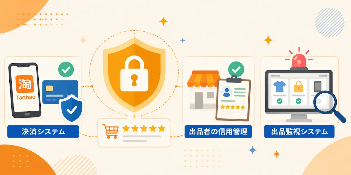 決済システム、信用管理、出品監視システムのイメージイラスト