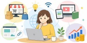 PCの前で作業する女性、ネット購入、コンテンツ販売、アフィリエイトのイメージイラスト