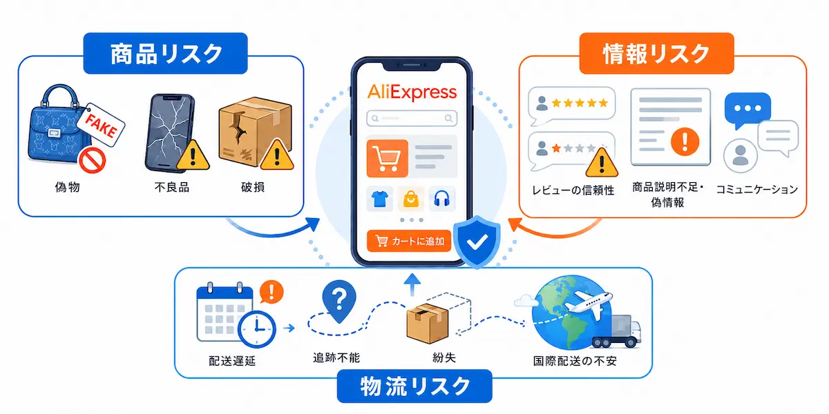 中央にaliexpresssの購入画面、商品リスク、情報リスク、物流リスクの文字と各イメージイラスト