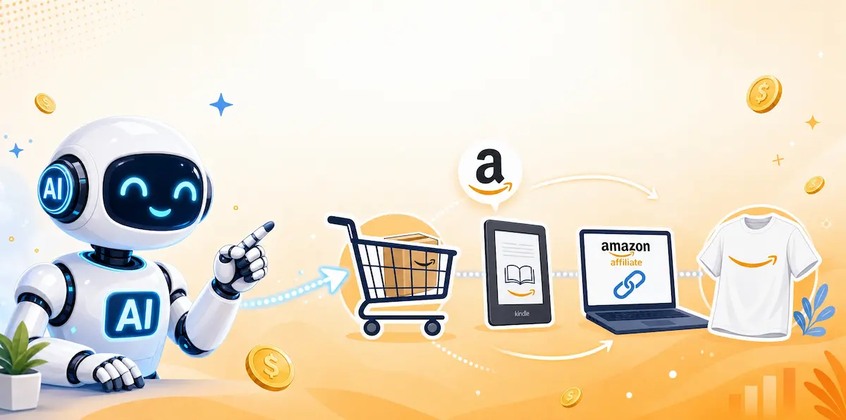AIロボットが、Amazon物販、電子書籍出版、アフィリエイト、MODを指さすイメージイラスト