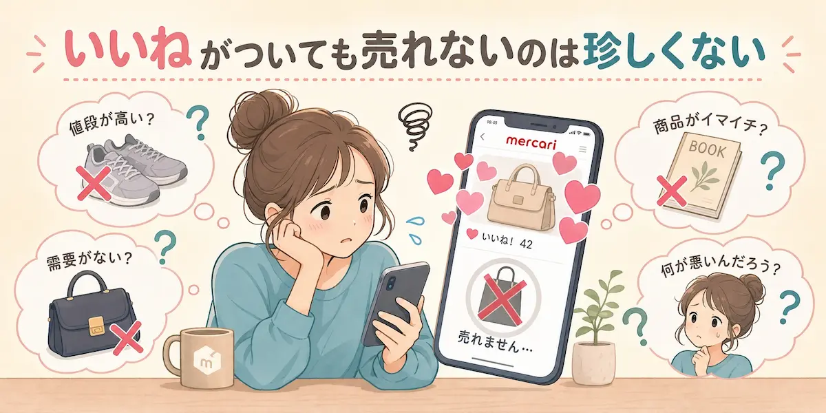 スマホ片手に悩む女性、スマホ画面にメルカリ商品ページ、いいねマーク、靴、バック、本
