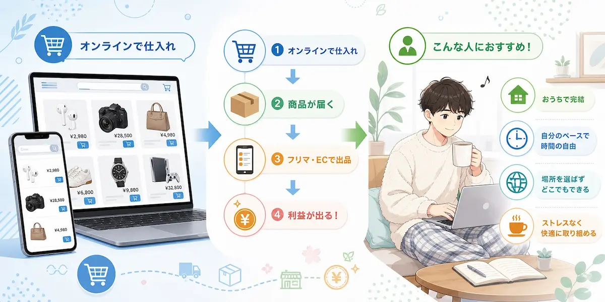 PC画面の商品ページ、男性がPCへ向かい自宅でせどりをしている様子