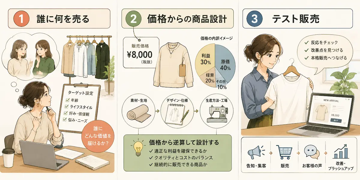 PCの前でハンガーにかかったアパレル衣装を眺める女性、スマホ画面にアパレル商品画像、バック、トップス、梱包商品