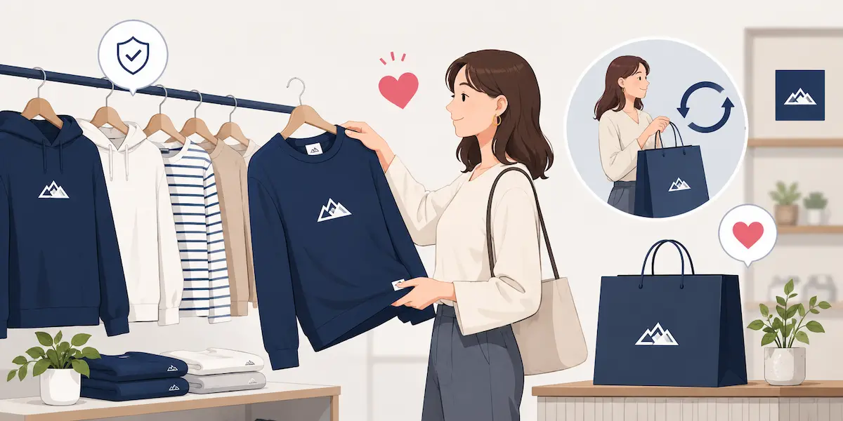 ショップでブランド服を手にする女性、ブランドのショッパー、リピートのイメージ画像