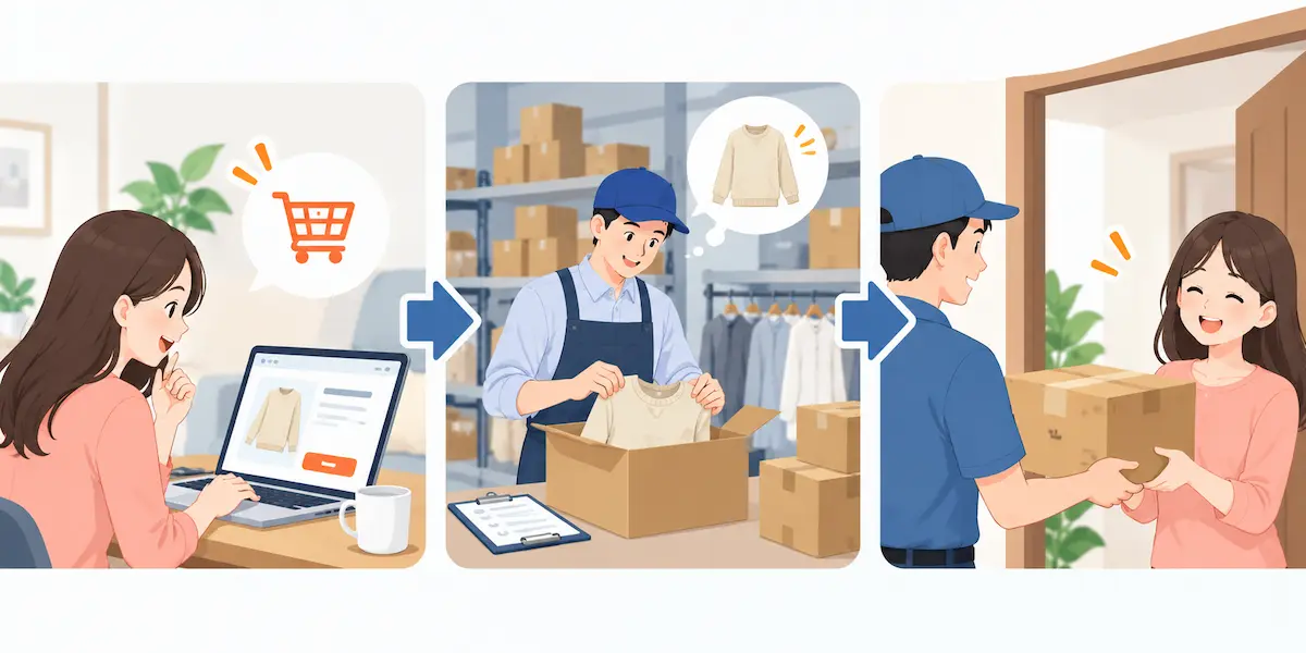 女性が注文、商品の梱包、顧客へのお届けのイメージイラスト