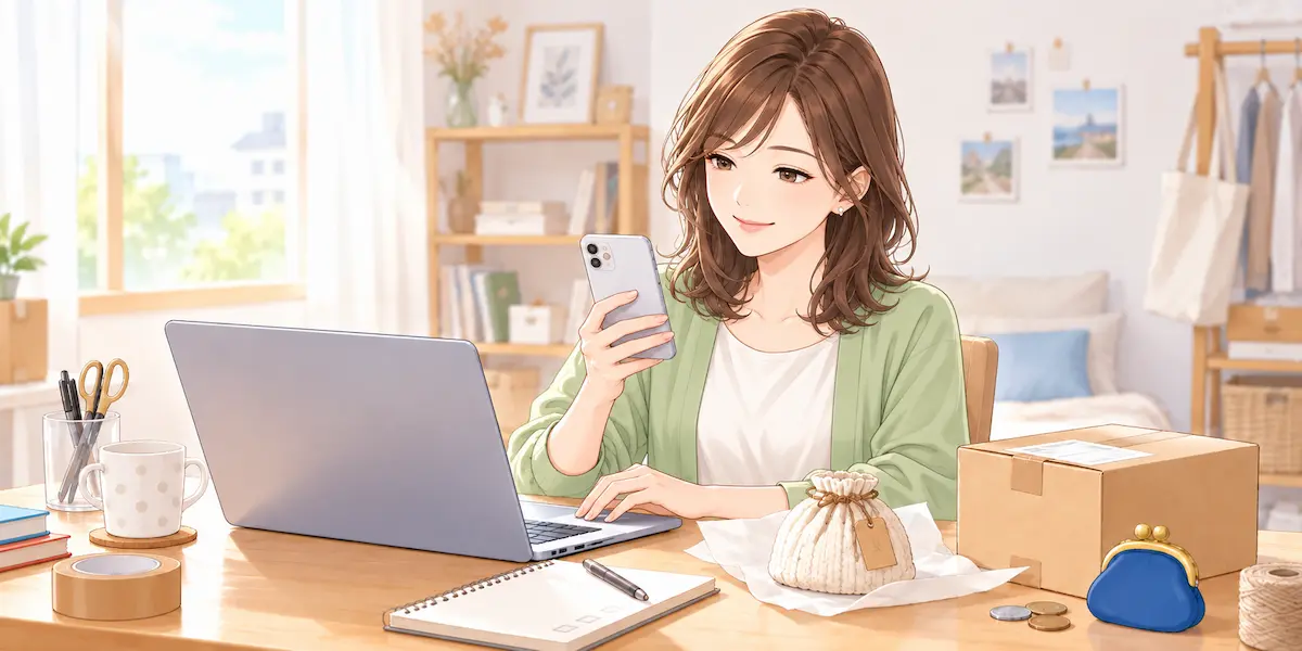 自宅の作業場でスマホを見る女性、梱包荷物、少額資金、筆記用具、PC
