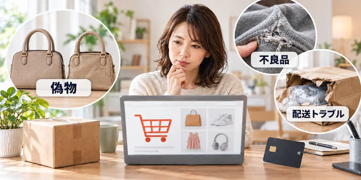 PCの前で悩む女性の左右に偽物ブランド、不良品、配送トラブルのイメージが浮かんでいる画像。
