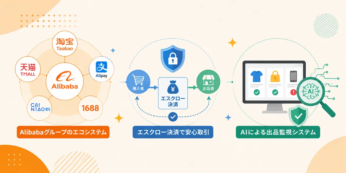 アリババグループのエコシステム、エスクロー決済、AI出品監視システムのイメージイラスト
