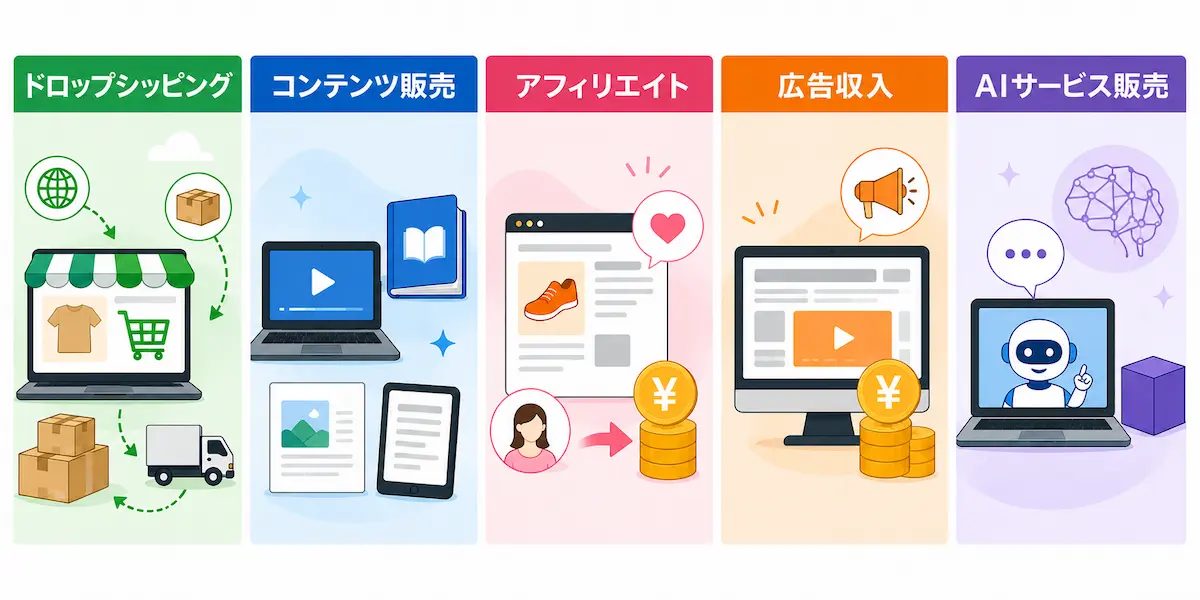 ドロップシッピング、コンテンツ販売、アフィリエイト、広告収入、AIサービス販売のイメージイラスト