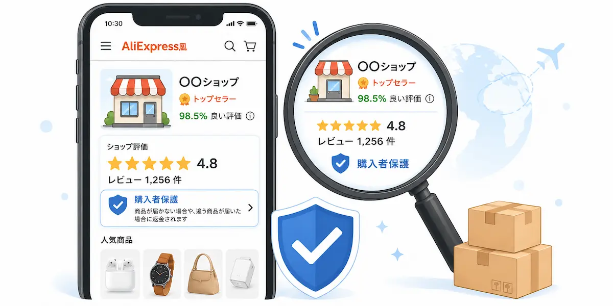 スマホにaliexpressのショップ画面、虫眼鏡、レビュー表示、梱包荷物