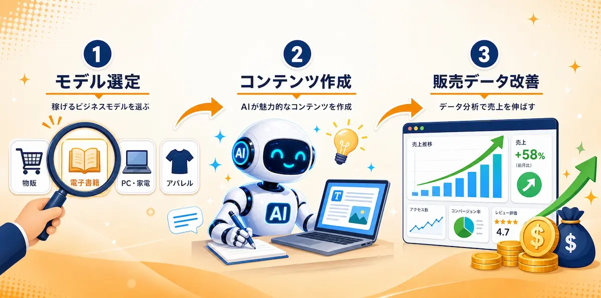 AIロボットを中心に、モデル選定、コンテンツ制作、販売データ改善のイメージイラスト