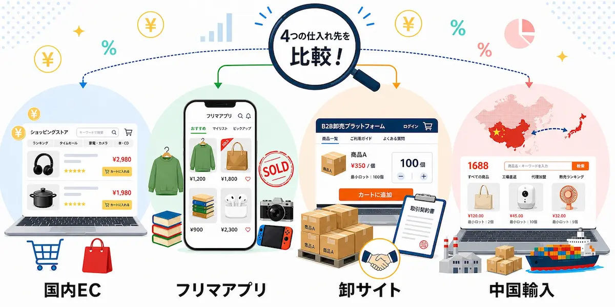 ３つのＰＣ、ひとつのスマホ画面で、商品ページを表示。国内EC、フリマアプリ、卸サイト、中国輸入のイメージイラスト