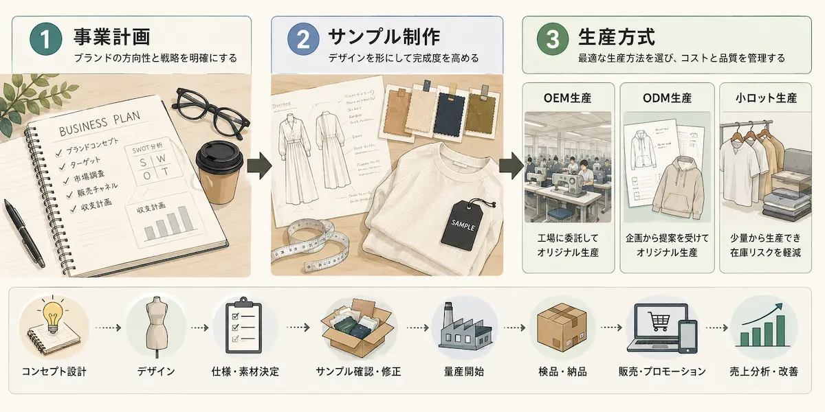 事業計画、サンプル作成、生産方式のイメージイラスト