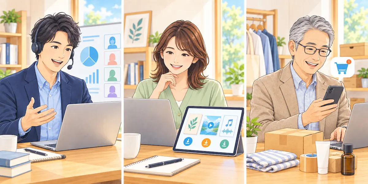 PCの前で講義をする男性、SNSで交流する女性、ECショップで販売するシニア男性のイメージイラスト