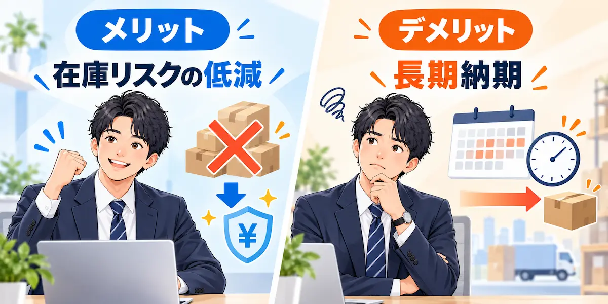受注販売における在庫リスク低減のメリットと、長期の納期のデメリットのイメージイラスト