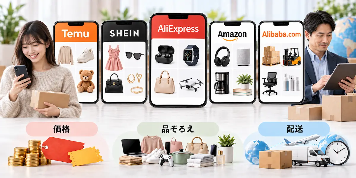 temu,shein aliexpress,amazon,alibaba5社の販売ページを表示させた５つのスマホがならび、両サイドで商品購入を試みる男女、価格・品揃え、配送のイメージ画像が一番下に続く。