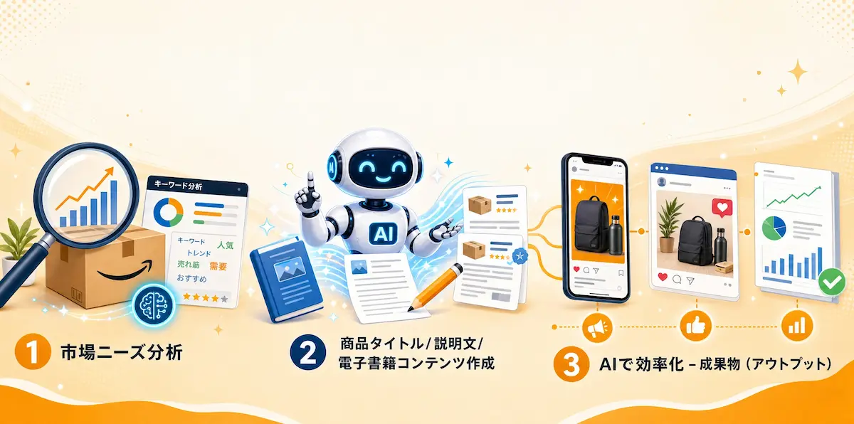 AIロボットを中央におき、市場ニーズ分析、コンテンツ制作、効率化のイメージイラスト