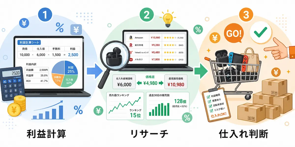 利益計算、リサーチ、仕入れ判断の流れで商品を探すイメージイラスト